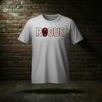 Eternal Rogue Tee in White on a ghost form against a dark brick wall and wood floor