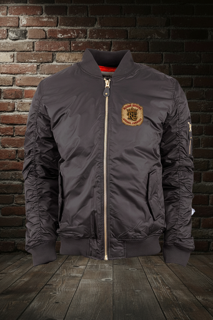 Empire Globe Crest Bomber front with boutique background