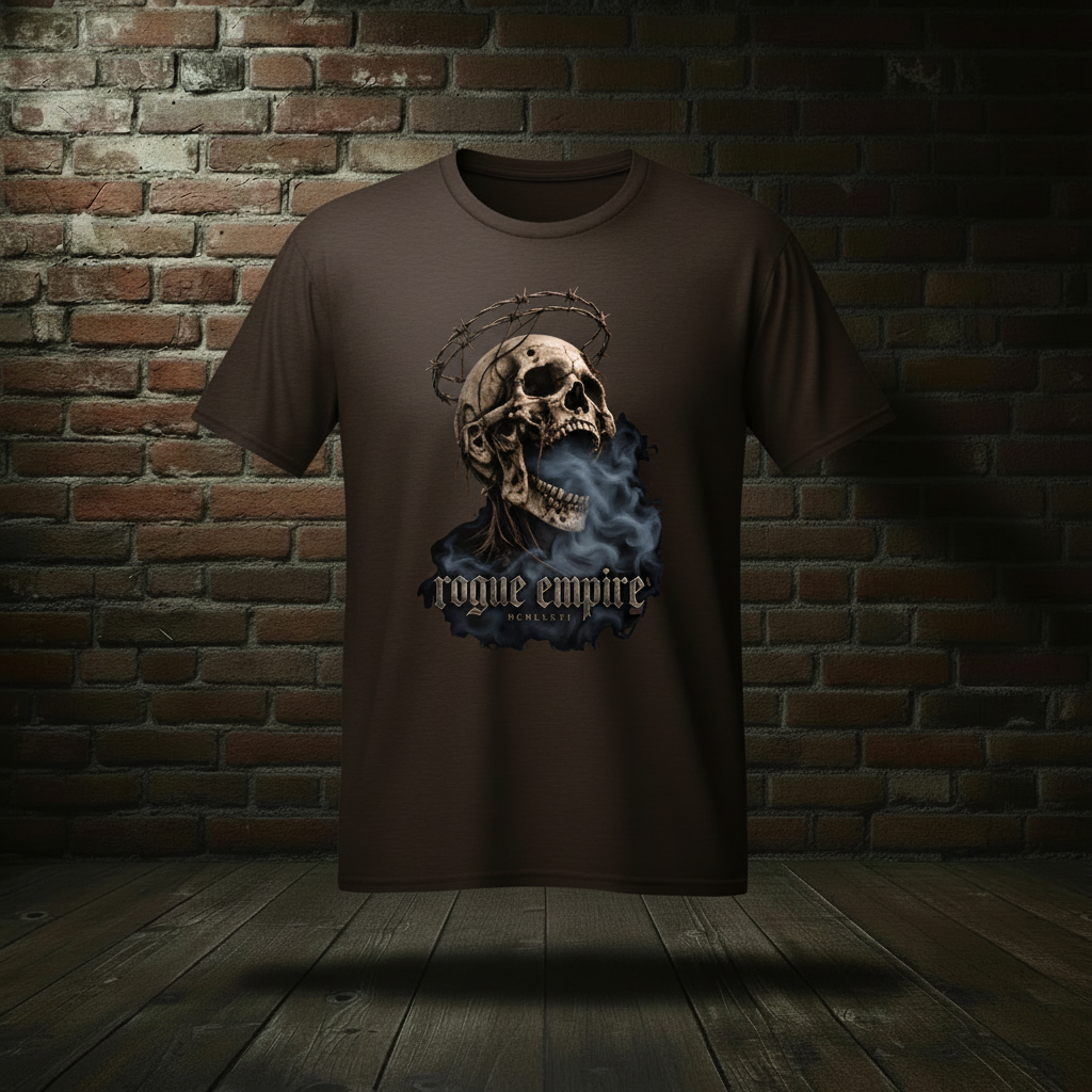Eternal Scream Tee in Dark Chocolate Brown on a ghost form against a dark brick wall and wood floor