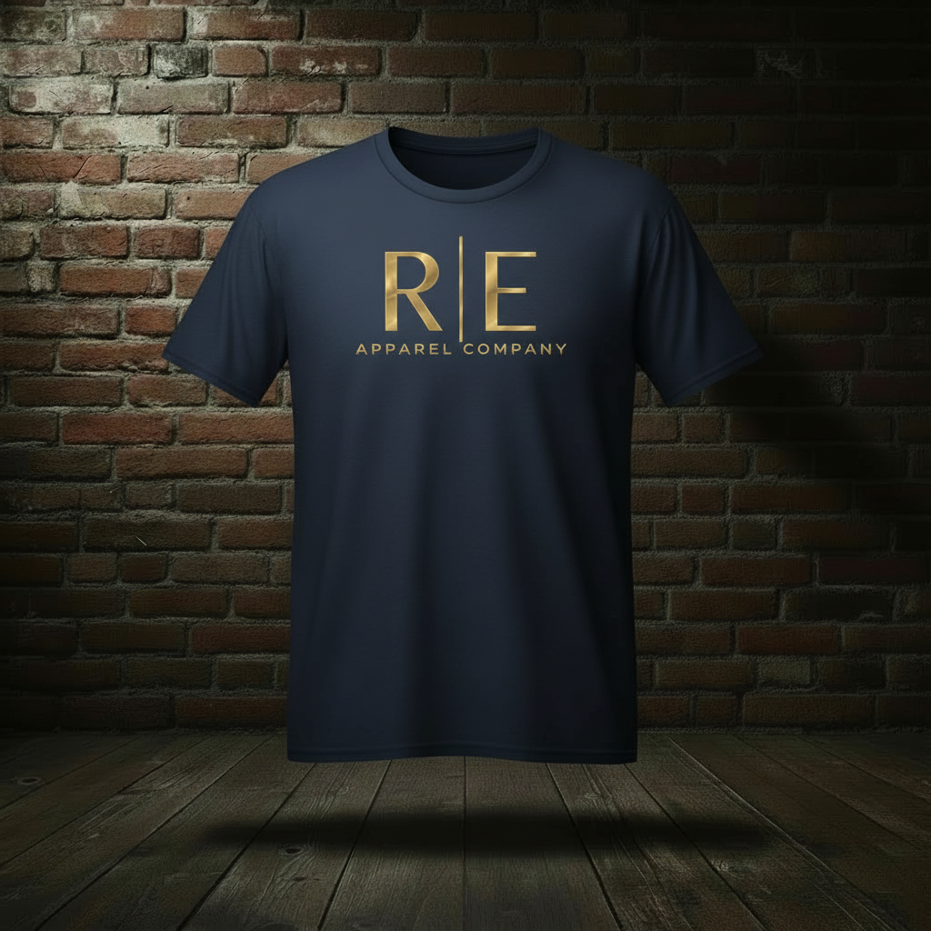 Rogue Standard Gold Tee in True Navy on a ghost form against a dark brick wall and wood floor