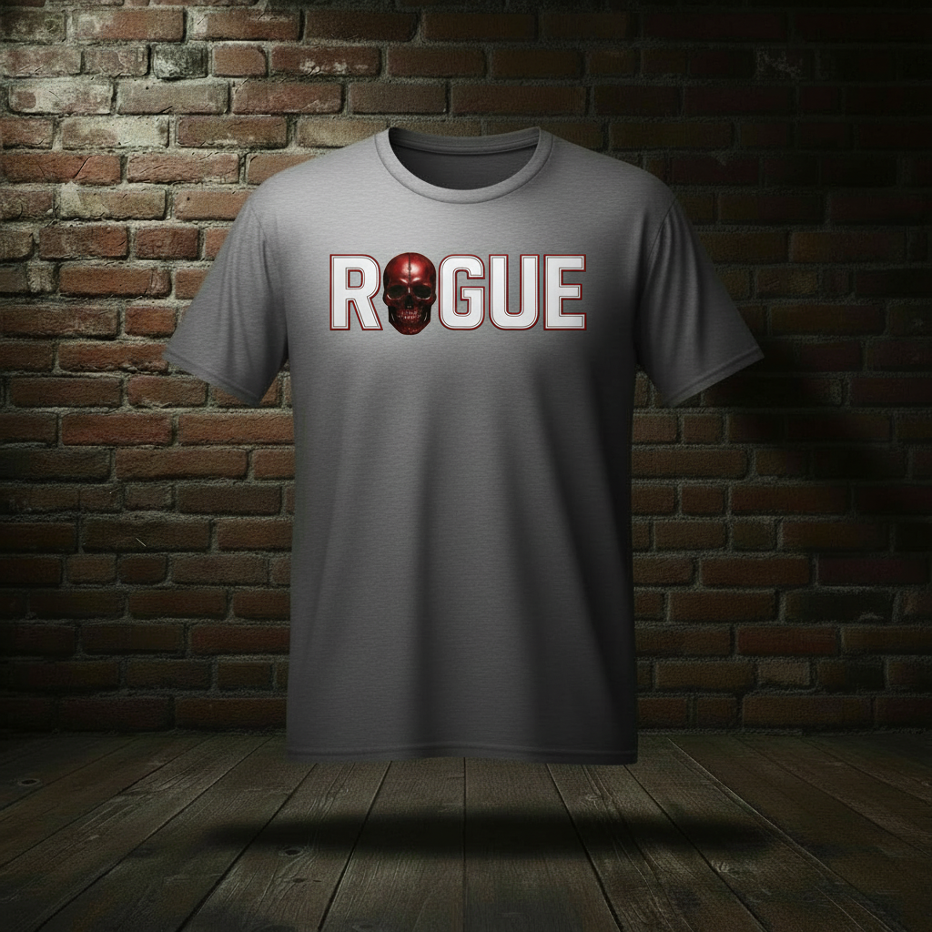 Eternal Rogue Tee in Graphite Heather on a ghost form against a dark brick wall and wood floor