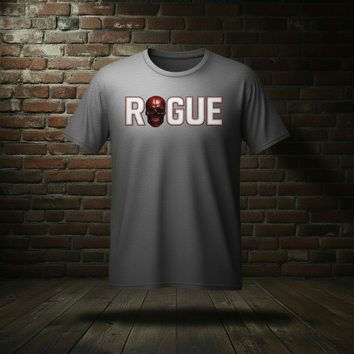 Eternal Rogue Tee in Graphite Heather on a ghost form against a dark brick wall and wood floor