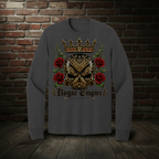 Sovereign Rose long-sleeve tee in Dark Heather Grey with the Empire Globe Crest Bomber boutique background