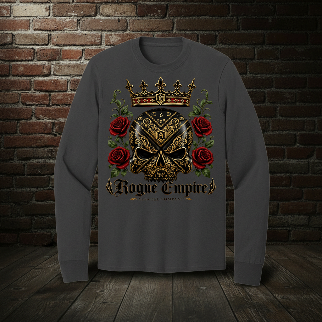 Sovereign Rose long-sleeve tee in Dark Heather Grey with the Empire Globe Crest Bomber boutique background