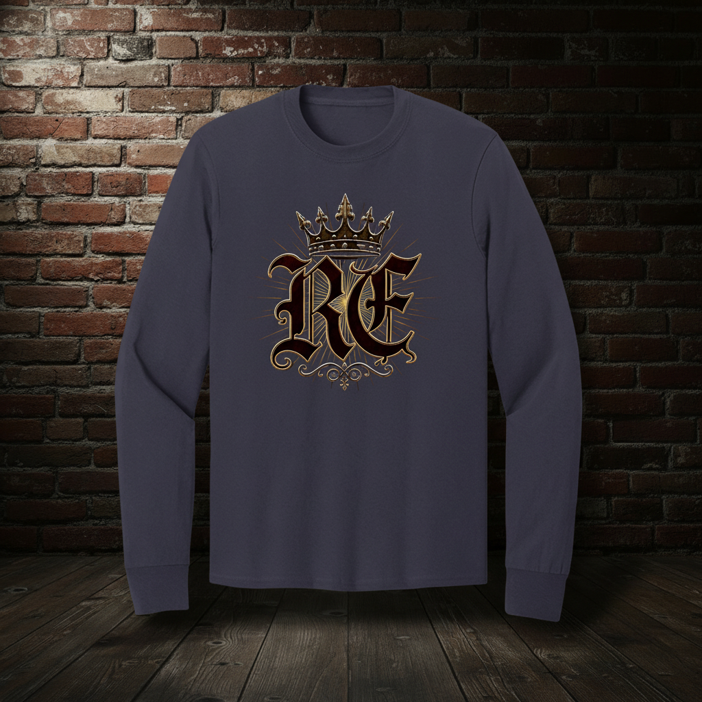 RE Crown long-sleeve tee in True Navy with boutique background