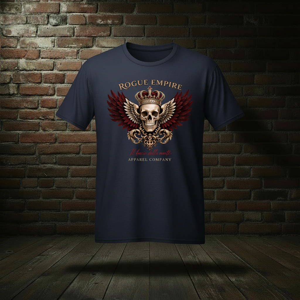 Il Bacio Della Morte Tee in Deep Navy on a ghost form against a dark brick wall and wood floor