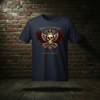 Il Bacio Della Morte Tee in Deep Navy on a ghost form against a dark brick wall and wood floor