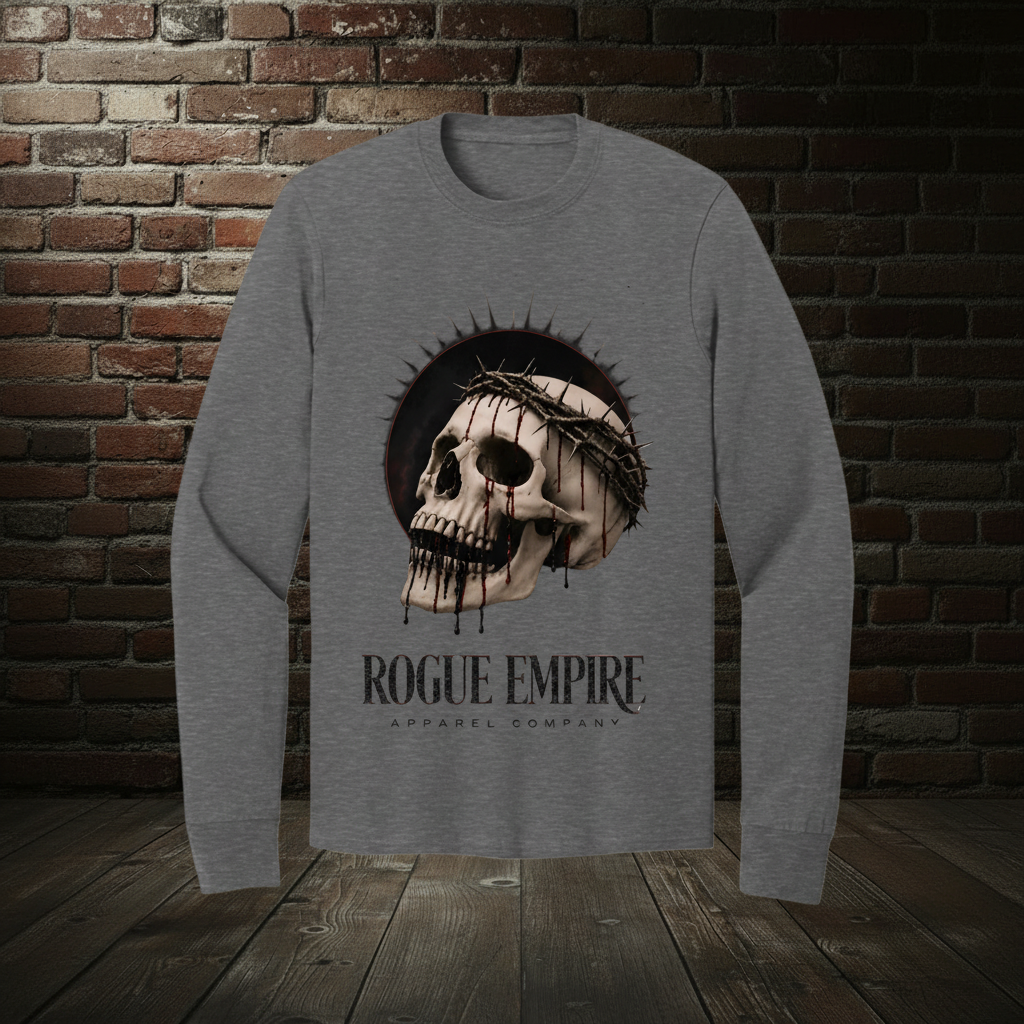 Skull Drip Tee III long-sleeve tee in Dark Heather Grey with the Empire Globe Crest Bomber boutique background