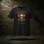 Il Bacio Della Morte Tee in Jet Black on a ghost form against a dark brick wall and wood floor