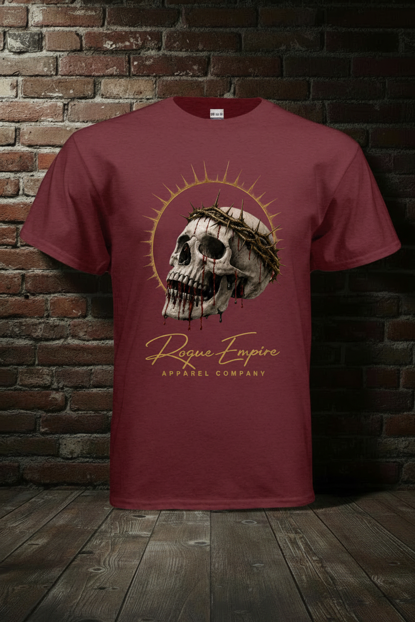 Skull Drip Tee II in Antique Cherry Red with boutique background