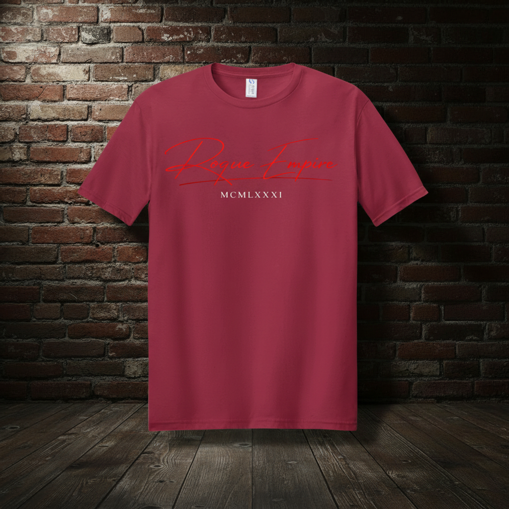 Founder’s Tee in Cardinal Red with boutique brick background