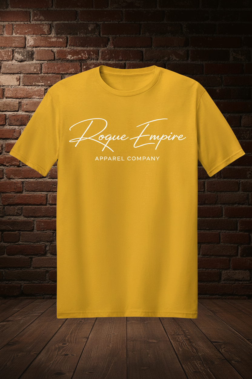 Signature Script Tee White short sleeve in Gold with Rogue Empire boutique background