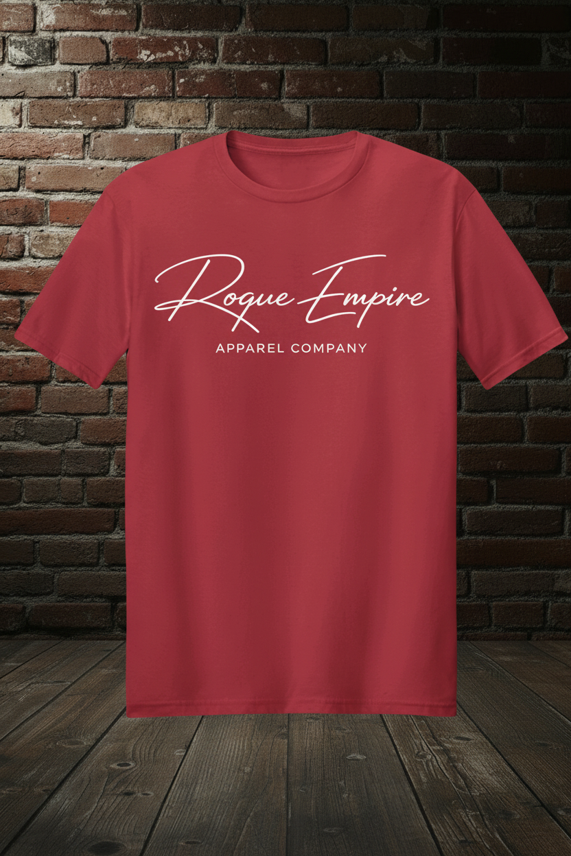 Signature Script Tee White short sleeve in Cherry Red with Rogue Empire boutique background