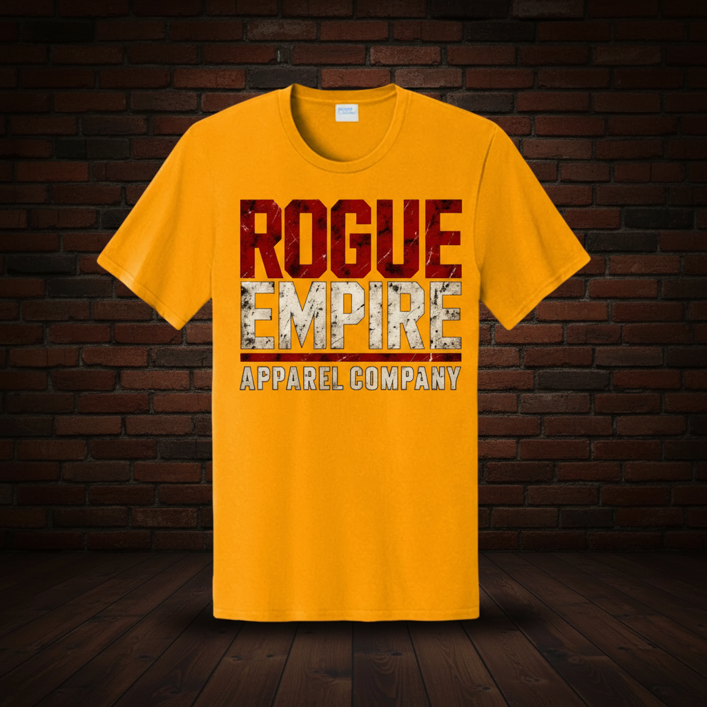 Rogue Legacy Tee Series II exact Gold artwork on dark red brick and wood floor background