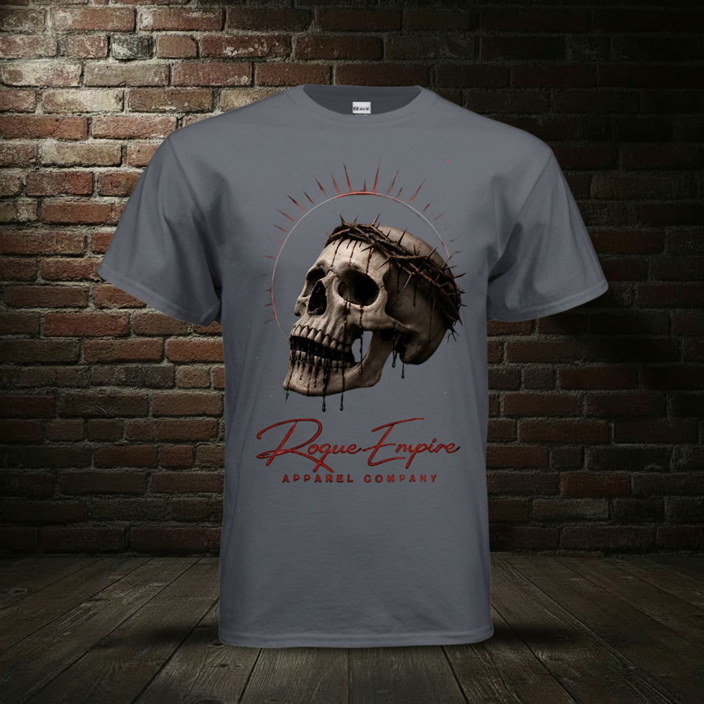 Charcoal Skull Drip Tee in the standard Rogue Empire boutique background