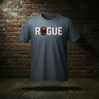 Eternal Rogue Tee in Steel Blue on a ghost form against a dark brick wall and wood floor