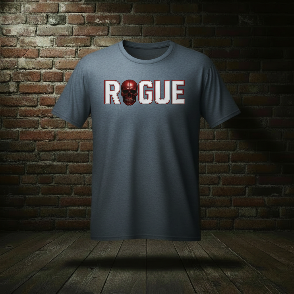 Eternal Rogue Tee in Steel Blue on a ghost form against a dark brick wall and wood floor