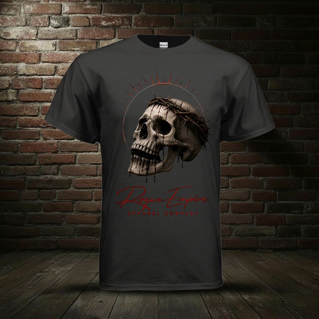 Black Skull Drip Tee in the standard Rogue Empire boutique background