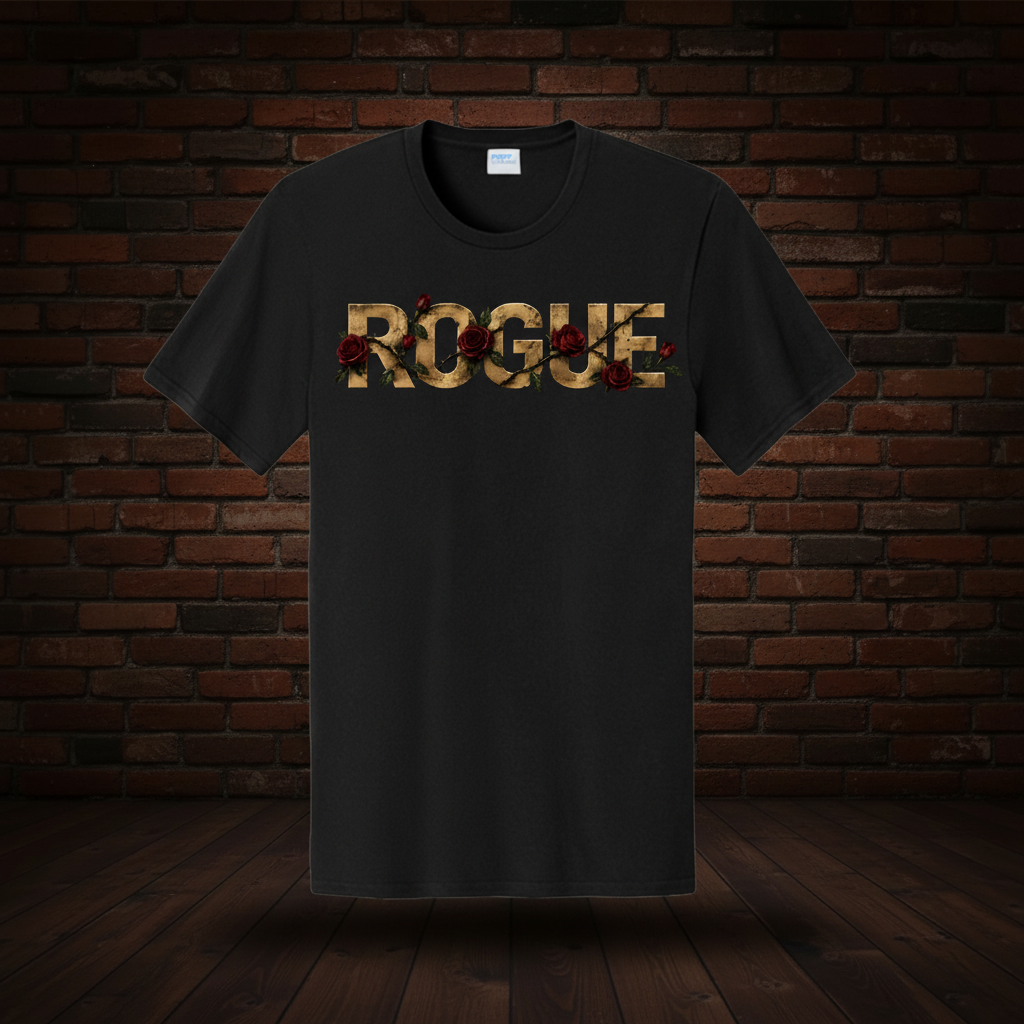 Defiant Bloom Tee Series I Jet Black exact artwork on dark red brick and wood floor background