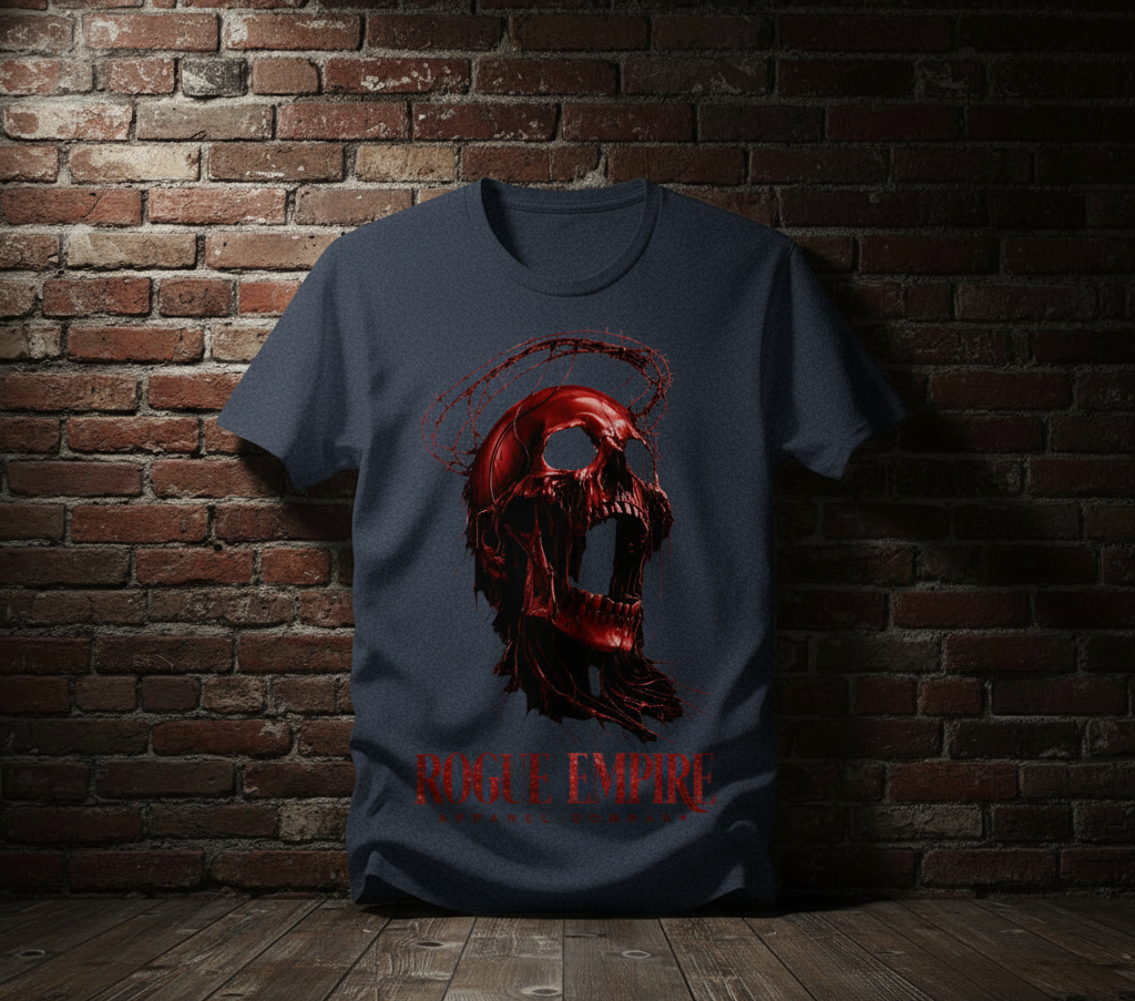 Immortal Scream Tee in Heather Navy against a dark brick wall