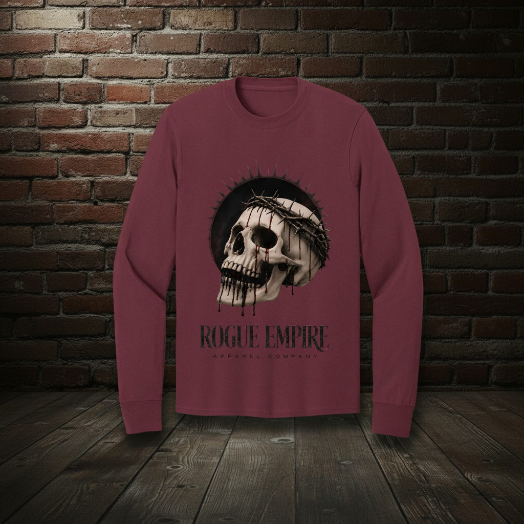 Skull Drip Tee III long-sleeve tee in Athletic Maroon with the Empire Globe Crest Bomber boutique background
