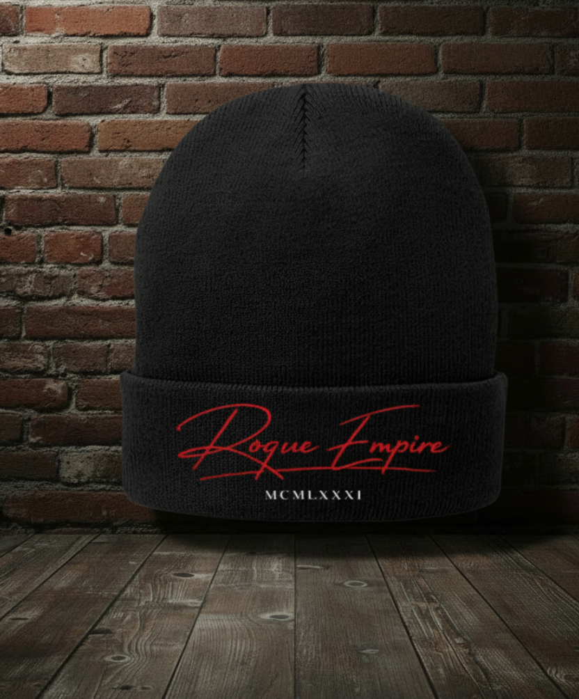 Founder’s Waffle Cuffed Beanie in Black with boutique background