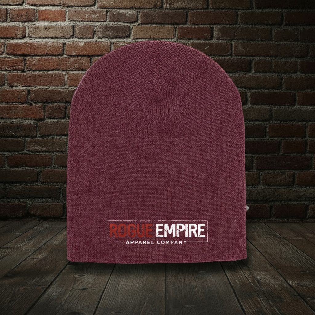 Manifest Destiny Knit Hat in Maroon with the exact Empire Globe Crest Bomber boutique background