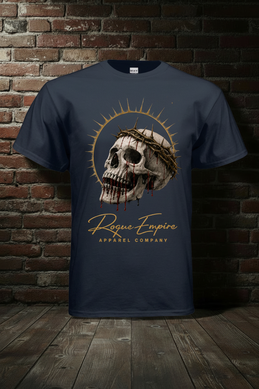 Skull Drip Tee II in Blue Dusk with boutique background