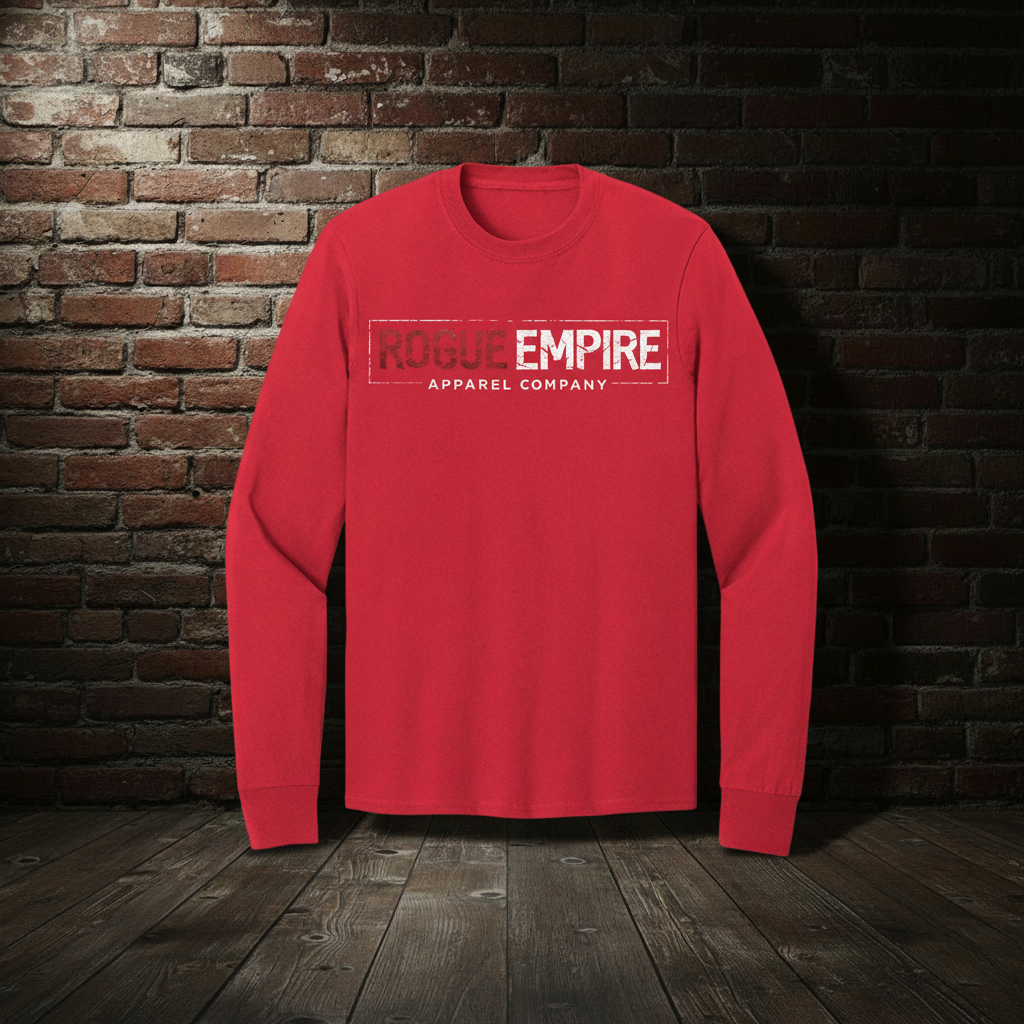 Rogue Empire Manifest Destiny long sleeve tee in Red with boutique brick-wall background