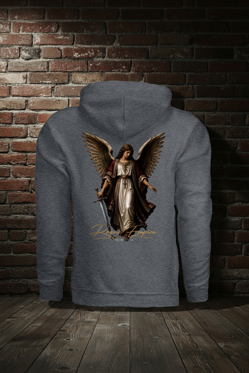 Angel of Justice Hoodie in Dark Heather, back view with angel graphic and boutique background