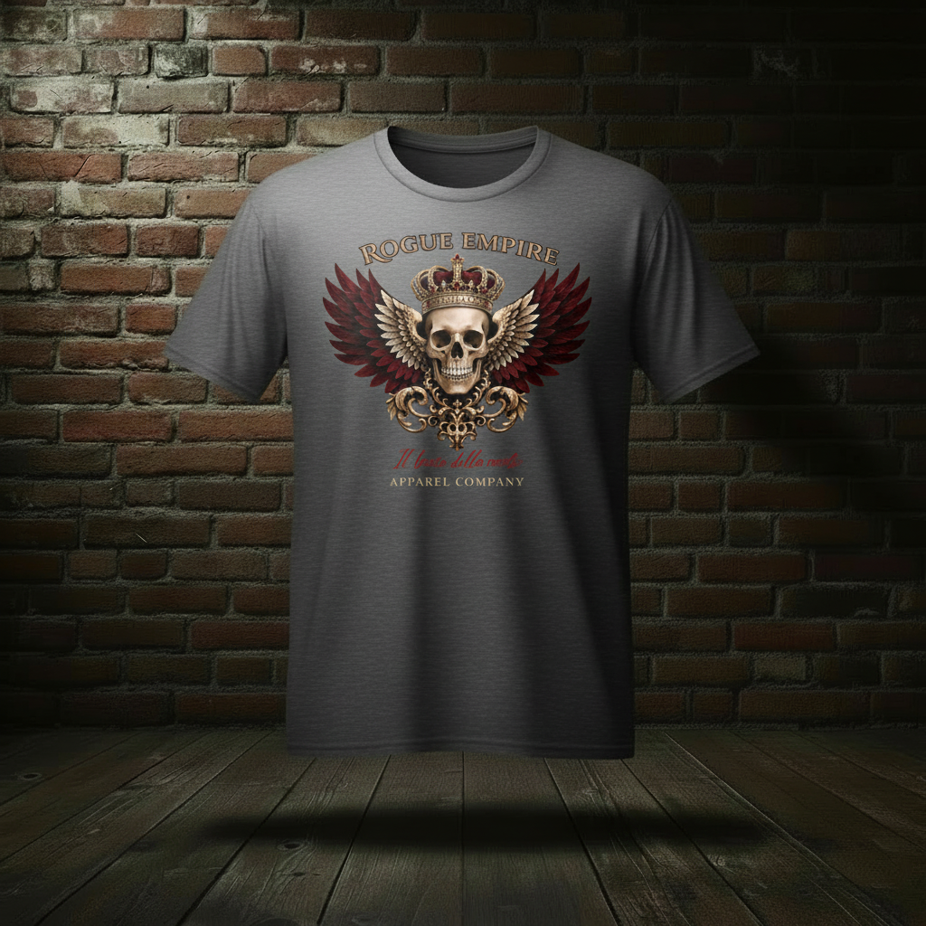 Il Bacio Della Morte Tee in Dark Heather Grey on a ghost form against a dark brick wall and wood floor