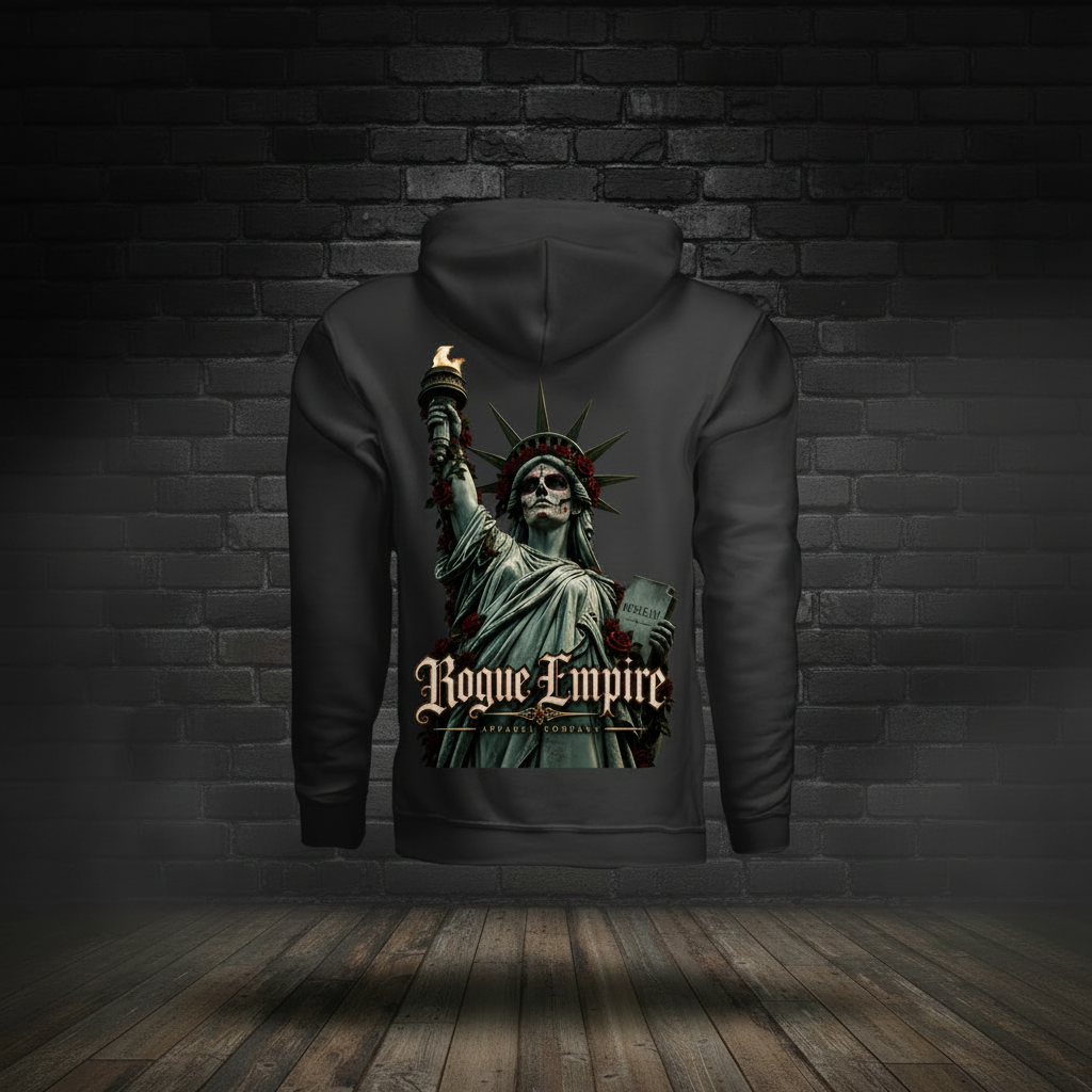 Liberty Never Dies Hoodie Black back boutique-background image with tighter zoom