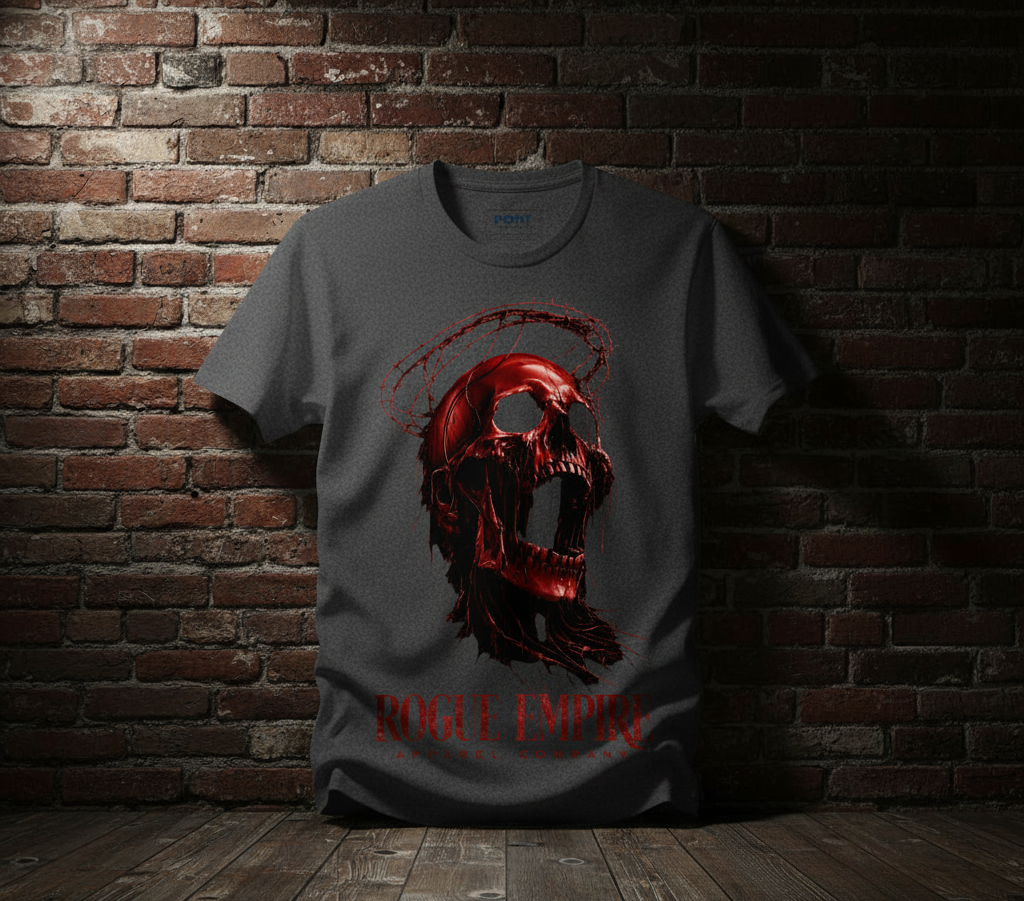 Immortal Scream Tee in Dark Heather Grey against a dark brick wall