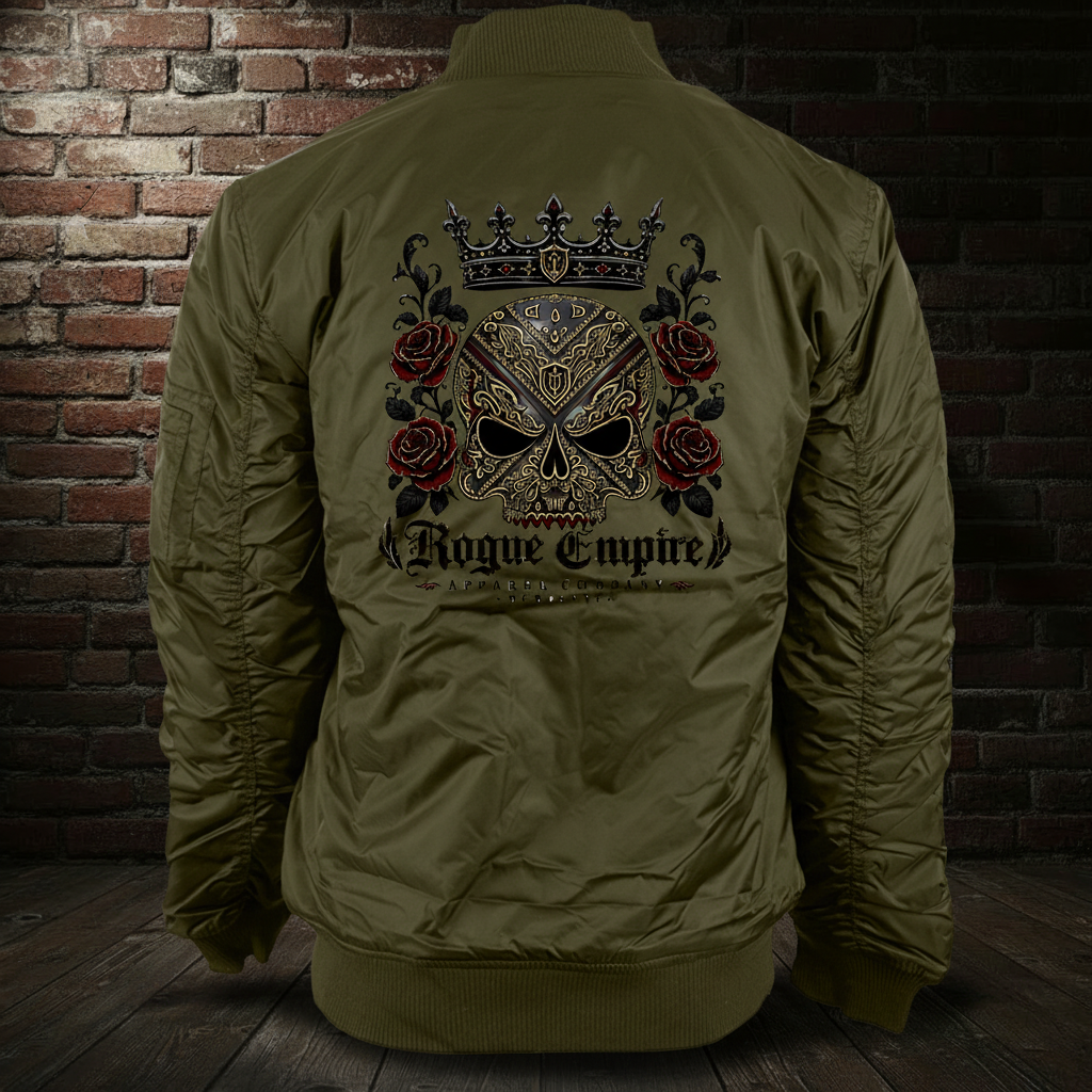 Olive Sovereign Roses Emblem Bomber back view on the Immortal Scream brick-wall and wood-floor background