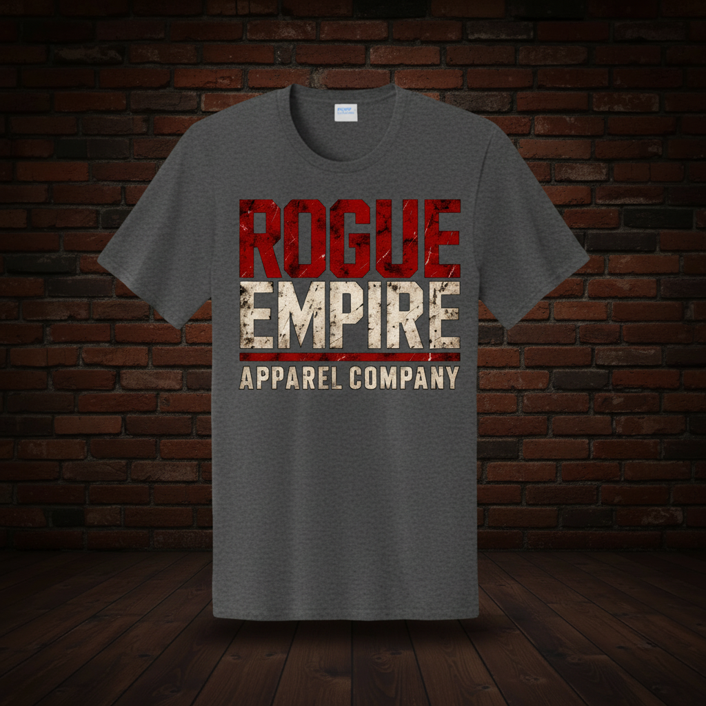 Rogue Legacy Tee Series II Charcoal exact artwork on dark red brick and wood floor background