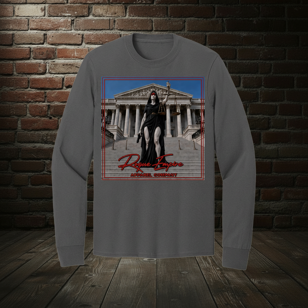 Scales of Just Us long-sleeve tee in Charcoal with the Empire Globe Crest Bomber boutique background