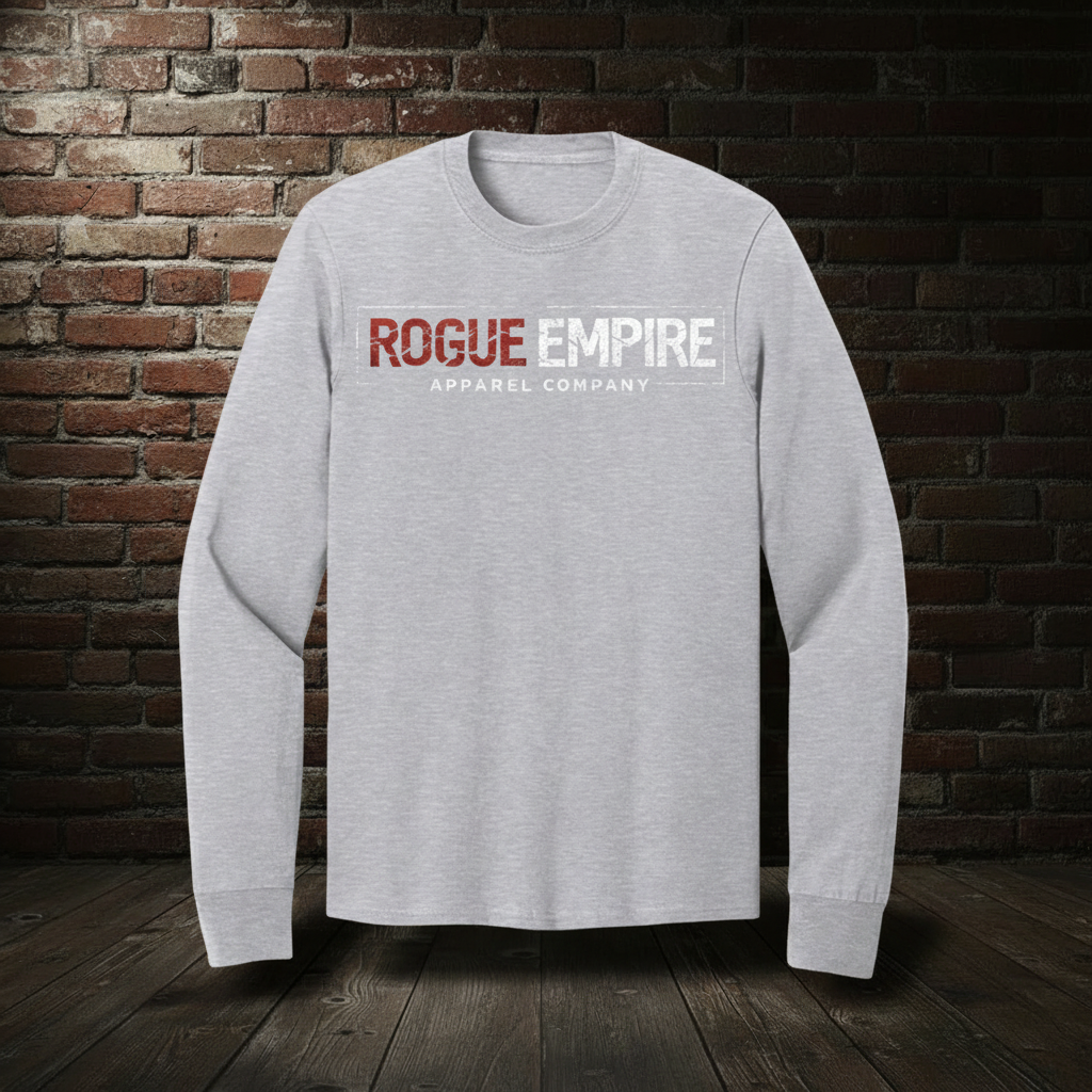 Rogue Empire Manifest Destiny long sleeve tee in Ash with boutique brick-wall background