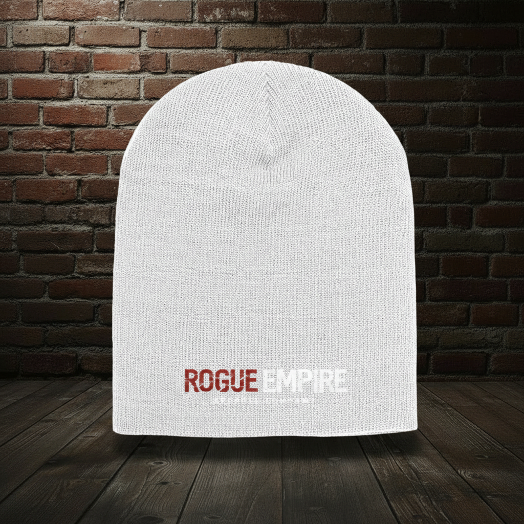 Manifest Destiny Knit Hat in White with the exact Empire Globe Crest Bomber boutique background