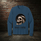 Skull Drip Tee III long-sleeve tee in Navy with the Empire Globe Crest Bomber boutique background