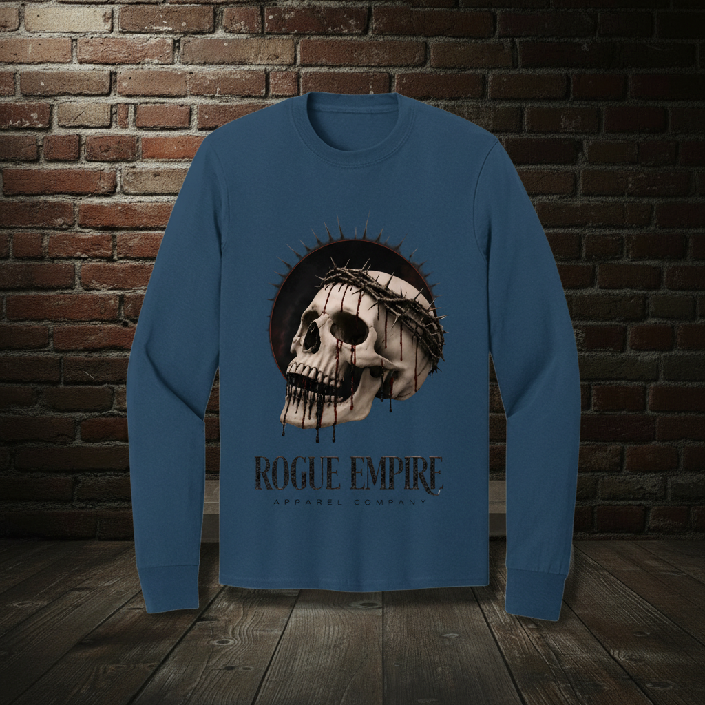 Skull Drip Tee III long-sleeve tee in Navy with the Empire Globe Crest Bomber boutique background