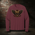 Rogue Empire Winged Skull Crest long sleeve tee in Athletic Maroon with boutique brick-wall background