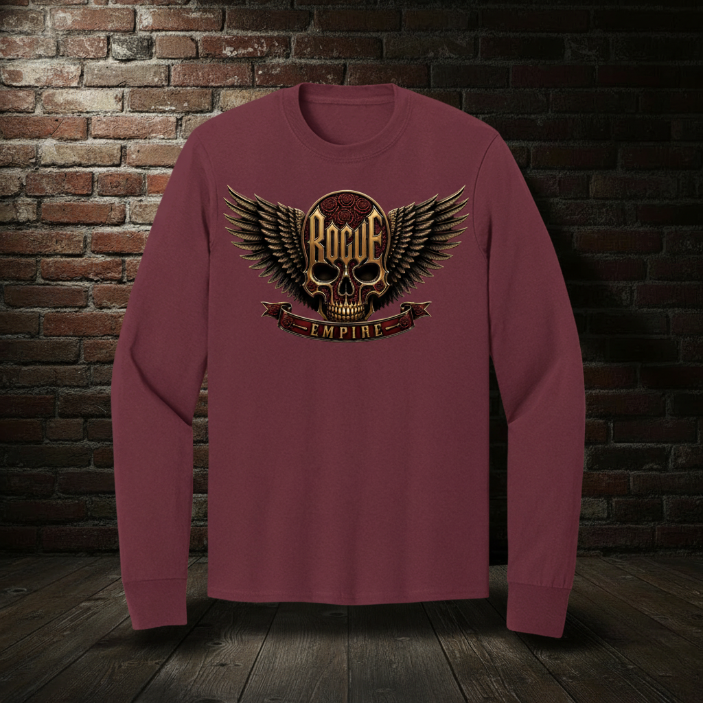 Rogue Empire Winged Skull Crest long sleeve tee in Athletic Maroon with boutique brick-wall background