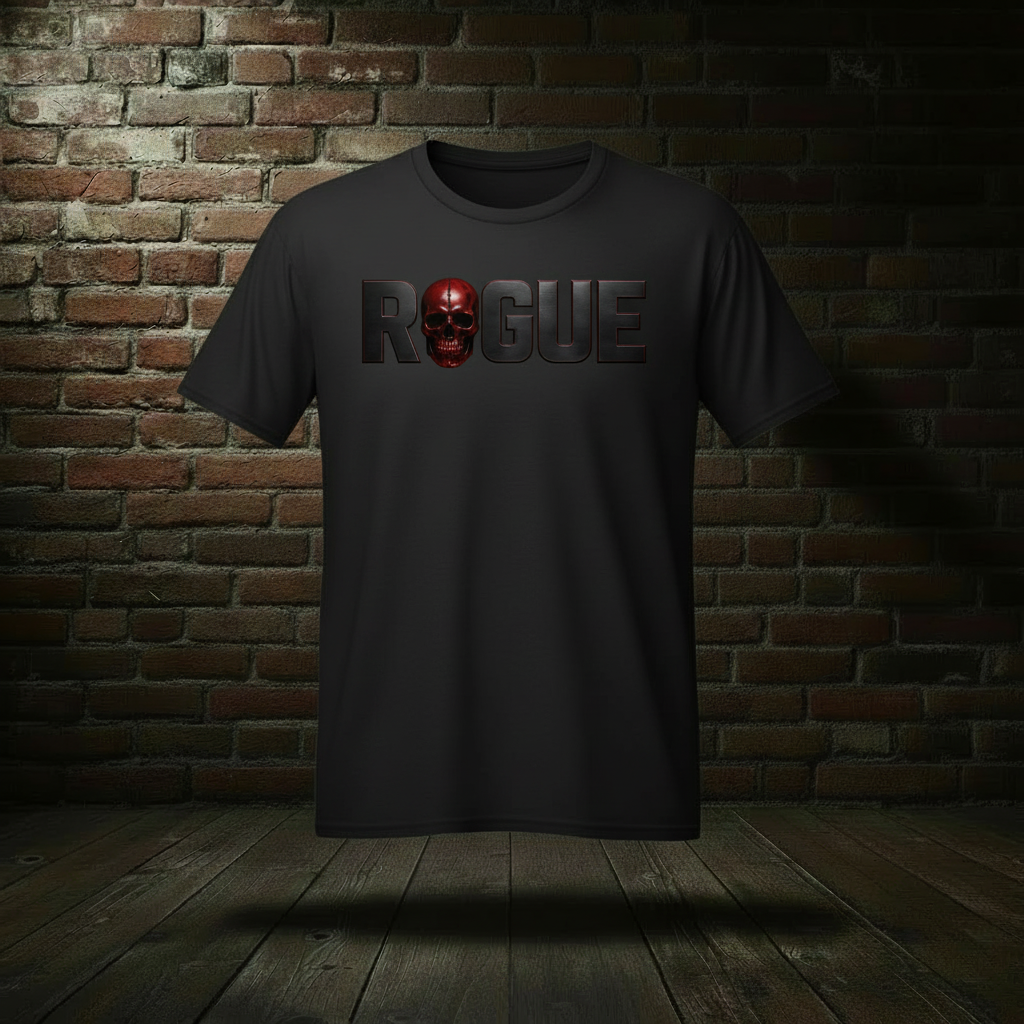 Eternal Tee in Jet Black on a ghost form against the dark brick wall and wood floor backdrop