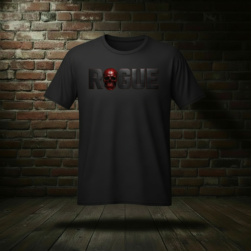 Eternal Tee in Jet Black on a ghost form against the dark brick wall and wood floor backdrop