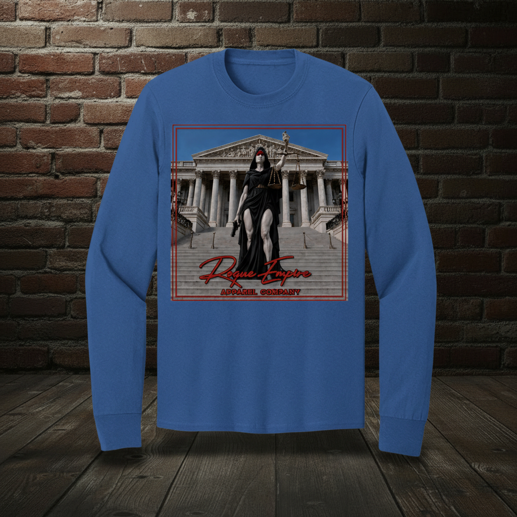Scales of Just Us long-sleeve tee in True Royal with the Empire Globe Crest Bomber boutique background
