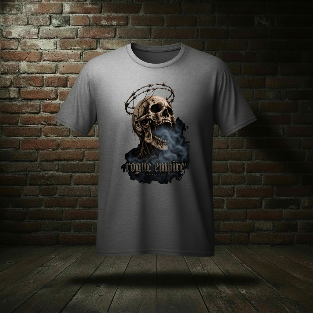 Eternal Scream Tee in Ash on a ghost form against a dark brick wall and wood floor