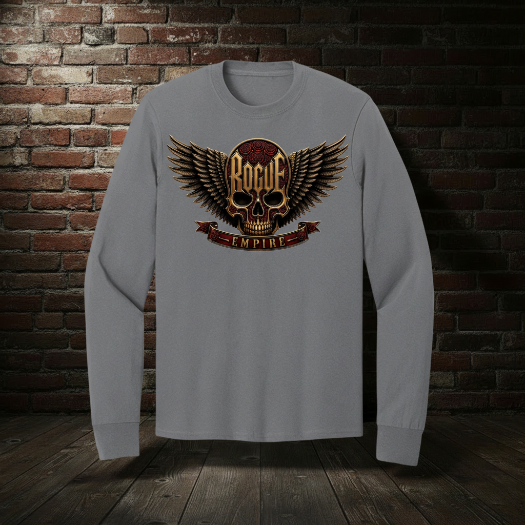 Rogue Empire Winged Skull Crest long sleeve tee in Graphite Heather with boutique brick-wall background