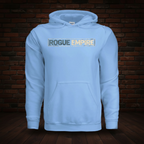Manifest Hoodie Series II Carolina Blue boxed Rogue Empire logo exact shade on dark red brick and wood floor background