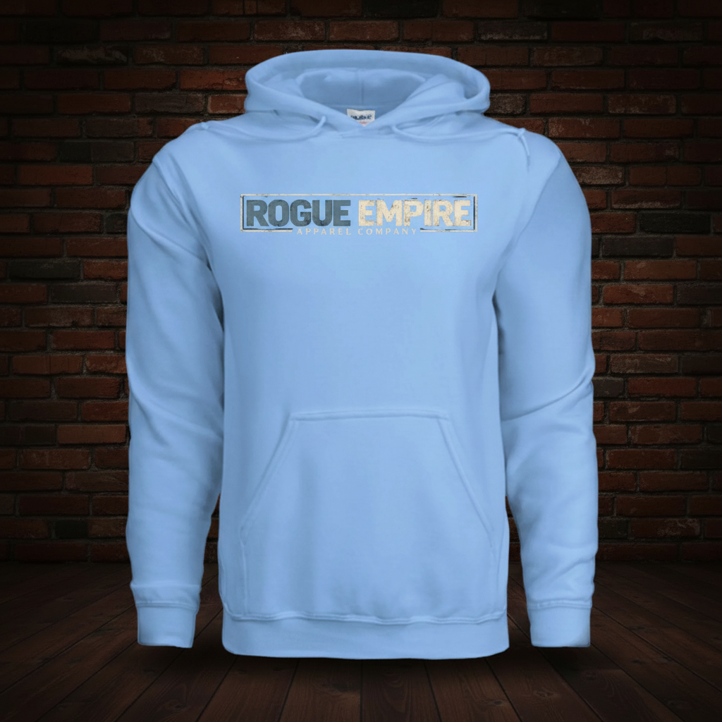 Manifest Hoodie Series II Carolina Blue boxed Rogue Empire logo exact shade on dark red brick and wood floor background