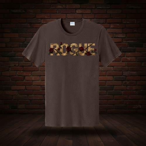Defiant Bloom Tee Series I Dark Chocolate Brown exact artwork on dark red brick and wood floor background